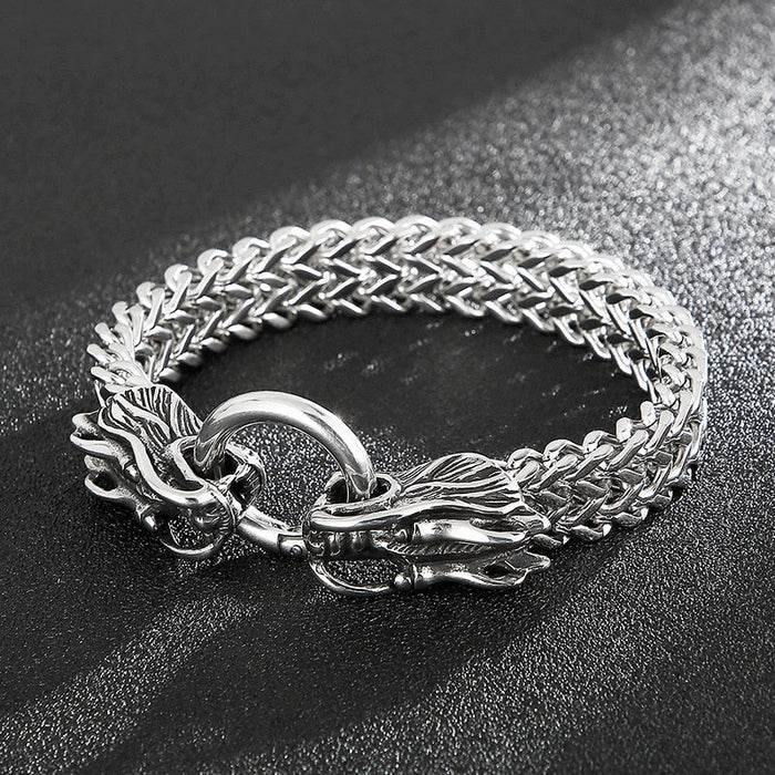 Dragon Duo Link Bracelet: silver dragon heads, ornate fantasy biker style