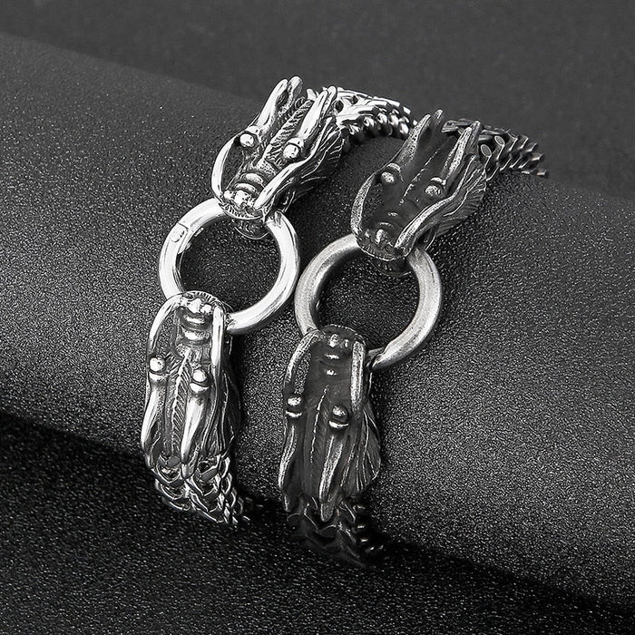 Dragon Duo Link Bracelet: silver dragon heads, ornate fantasy biker style