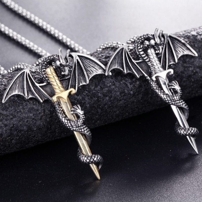 Dragon Rider Necklace with Sword Pendant: silver, gold dragon, gothic fantasy style