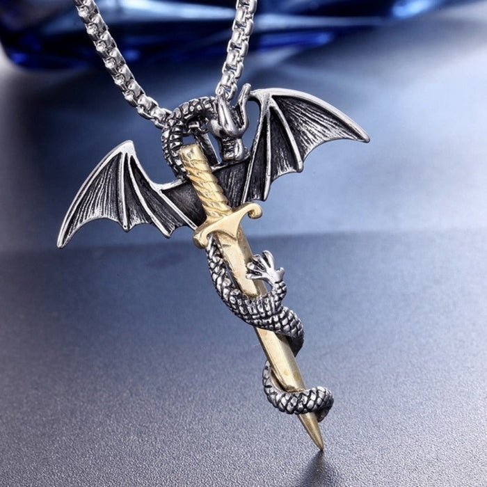 Dragon Rider Necklace with Sword Pendant: silver, gold dragon, gothic fantasy style