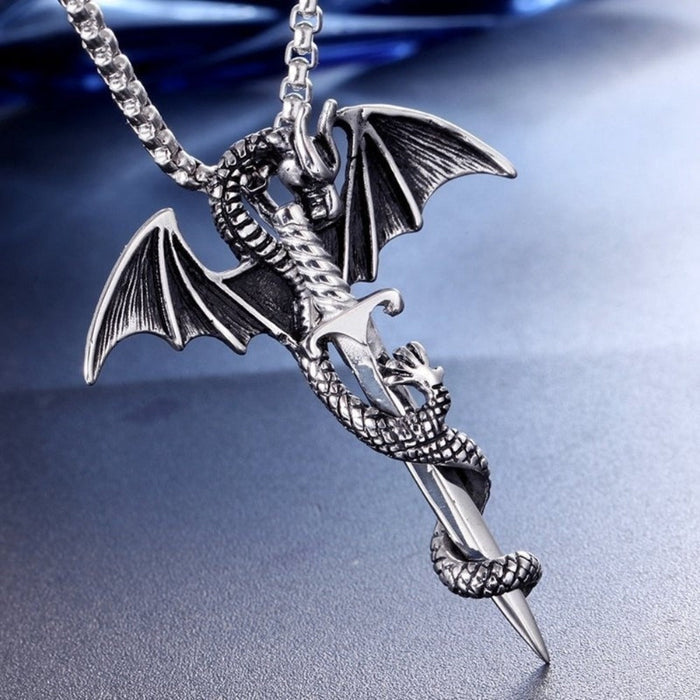 Dragon Rider Necklace with Sword Pendant: silver, gold dragon, gothic fantasy style