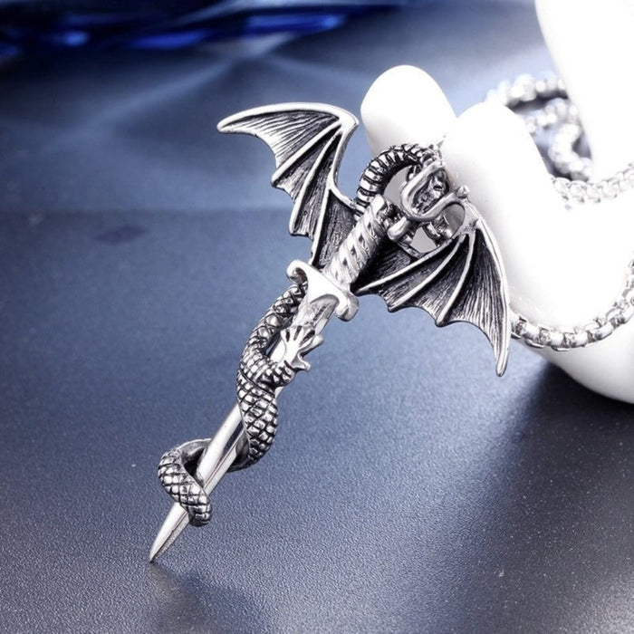 Dragon Rider Necklace with Sword Pendant: silver, gold dragon, gothic fantasy style