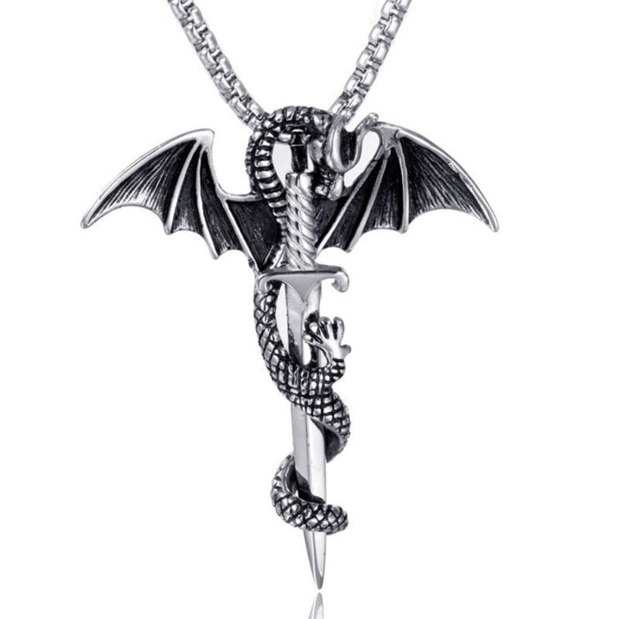 Dragon Rider Necklace with Sword Pendant: silver, gold dragon, gothic fantasy style