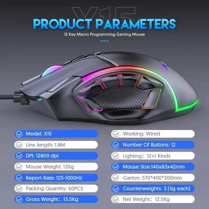 Dragon Ultimate Gaming Mouse, Unleash Your Gaming Potential with 12800 DPI and 12 Programmable Keys: black, gray wired gaming