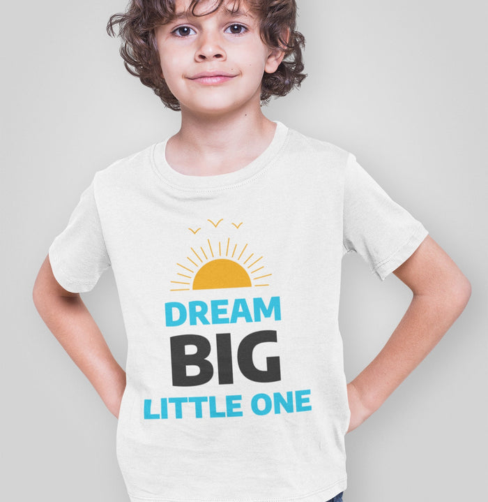 Dream Big T-Shirt for Boys: white, turquoise blue sunrise with birds and inspirational text, minimal cartoon graphic style