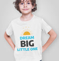 Dream Big T-Shirt for Boys: white, turquoise blue sunrise with birds and inspirational text, minimal cartoon graphic style