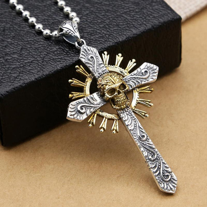 Dual Color Skeleton Cross Pendant: silver, gold skull and cross, gothic religious style