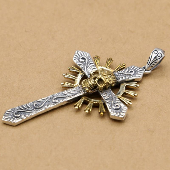 Dual Color Skeleton Cross Pendant: silver, gold skull and cross, gothic religious style