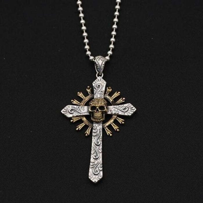 Dual Color Skeleton Cross Pendant: silver, gold skull and cross, gothic religious style