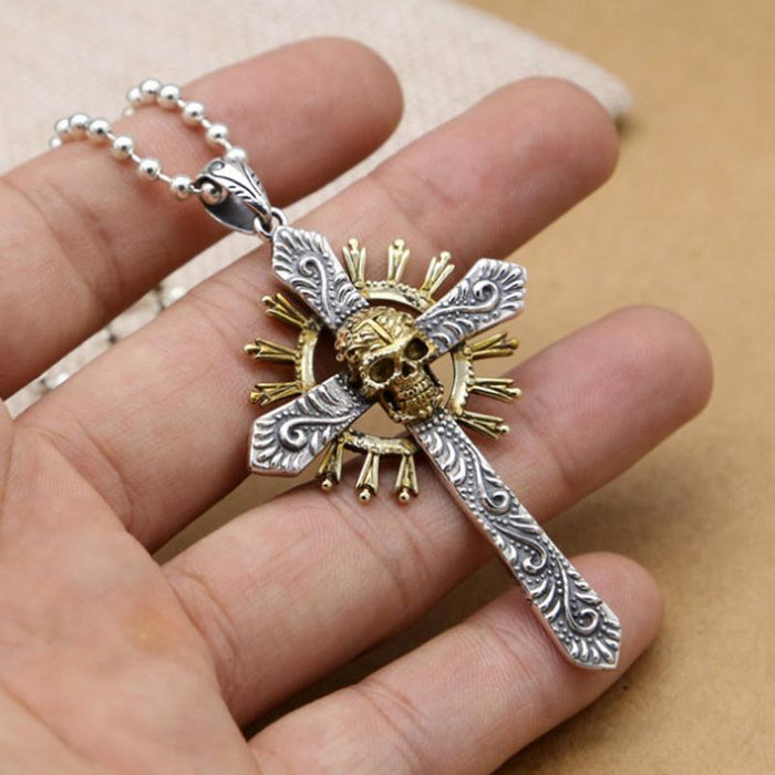 Dual Color Skeleton Cross Pendant: silver, gold skull and cross, gothic religious style