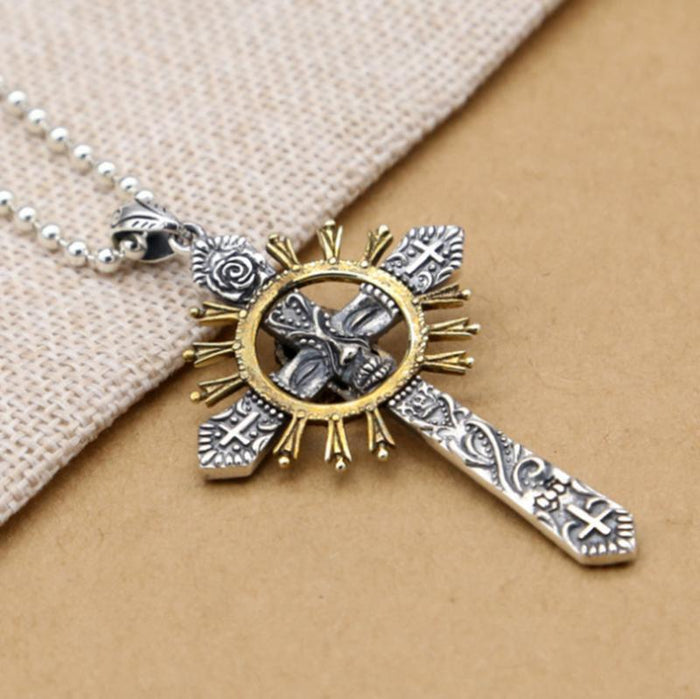 Dual Color Skeleton Cross Pendant: silver, gold skull and cross, gothic religious style