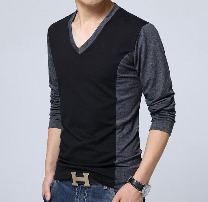 Dual Tone V-Neck Long Sleeve Men's Top: black, dark gray long-sleeve V-neck shirt, minimal color-block casual style