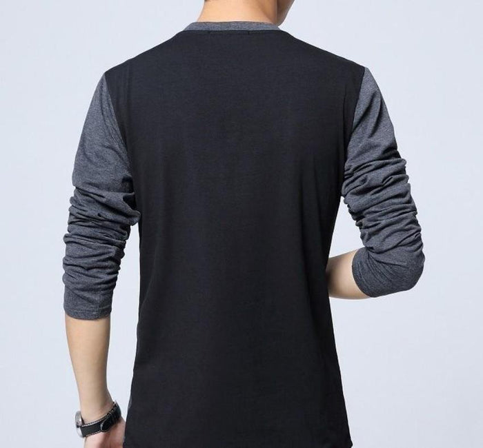 Dual Tone V-Neck Long Sleeve Men's Top: black, dark gray long-sleeve V-neck shirt, minimal color-block casual style