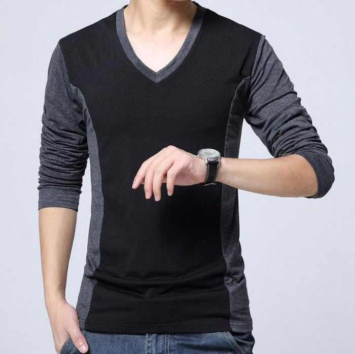 Dual Tone V-Neck Long Sleeve Men's Top: black, dark gray long-sleeve V-neck shirt, minimal color-block casual style
