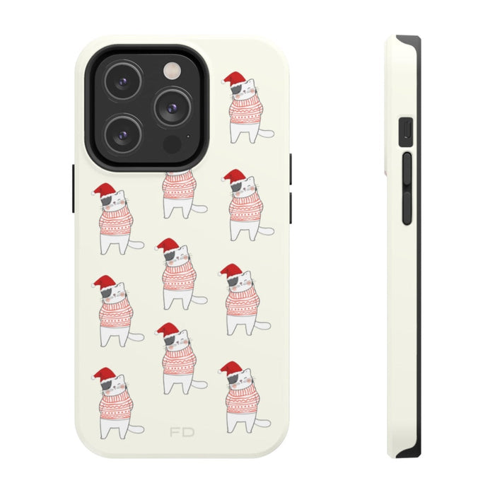Durable Feline iPhone Case for Wireless Charging, Holiday Edition: off-white, red cartoon dog wearing a Santa hat and pattern