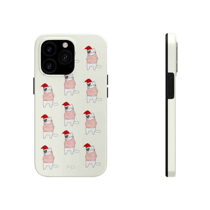 Durable Feline iPhone Case for Wireless Charging, Holiday Edition: off-white, red cartoon dog wearing a Santa hat and pattern