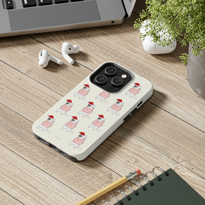 Durable Feline iPhone Case for Wireless Charging, Holiday Edition: off-white, red cartoon dog wearing a Santa hat and pattern