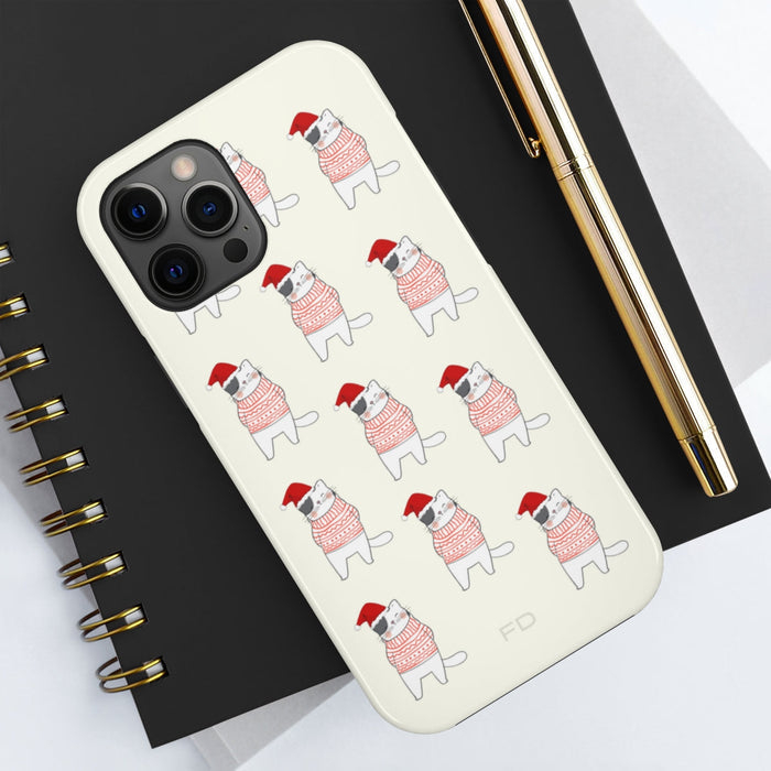 Durable Feline iPhone Case for Wireless Charging, Holiday Edition: off-white, red cartoon dog wearing a Santa hat and pattern
