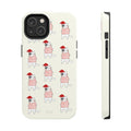 Durable Feline iPhone Case for Wireless Charging, Holiday Edition: off-white, red cartoon dog wearing a Santa hat and pattern