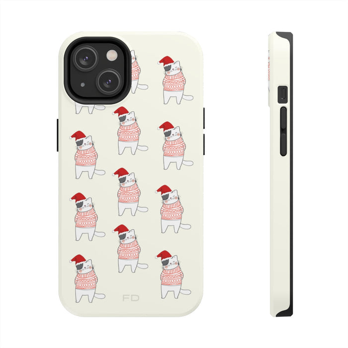 Durable Feline iPhone Case for Wireless Charging, Holiday Edition: off-white, red cartoon dog wearing a Santa hat and pattern