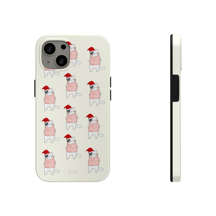 Durable Feline iPhone Case for Wireless Charging, Holiday Edition: off-white, red cartoon dog wearing a Santa hat and pattern
