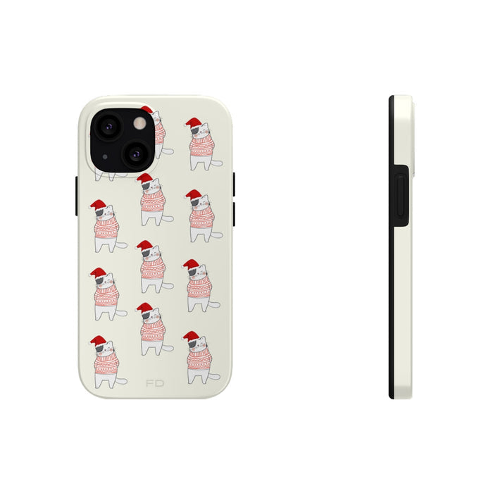 Durable Feline iPhone Case for Wireless Charging, Holiday Edition: off-white, red cartoon dog wearing a Santa hat and pattern
