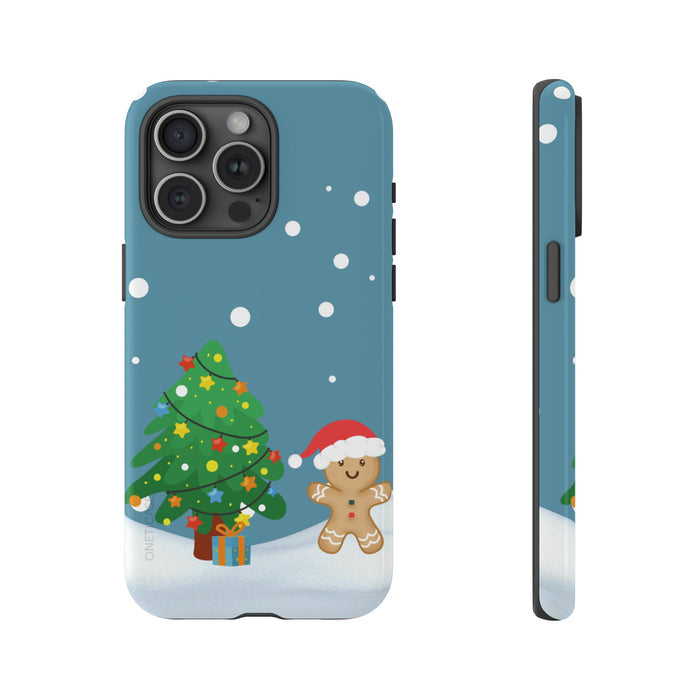 Durable Gingerbread Man Holiday Phone Cases: teal blue, green Christmas tree and gingerbread character, cartoon holiday style