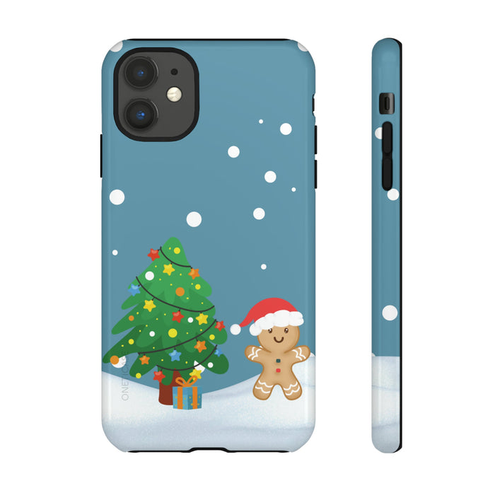 Durable Gingerbread Man Holiday Phone Cases: teal blue, green Christmas tree and gingerbread character, cartoon holiday style
