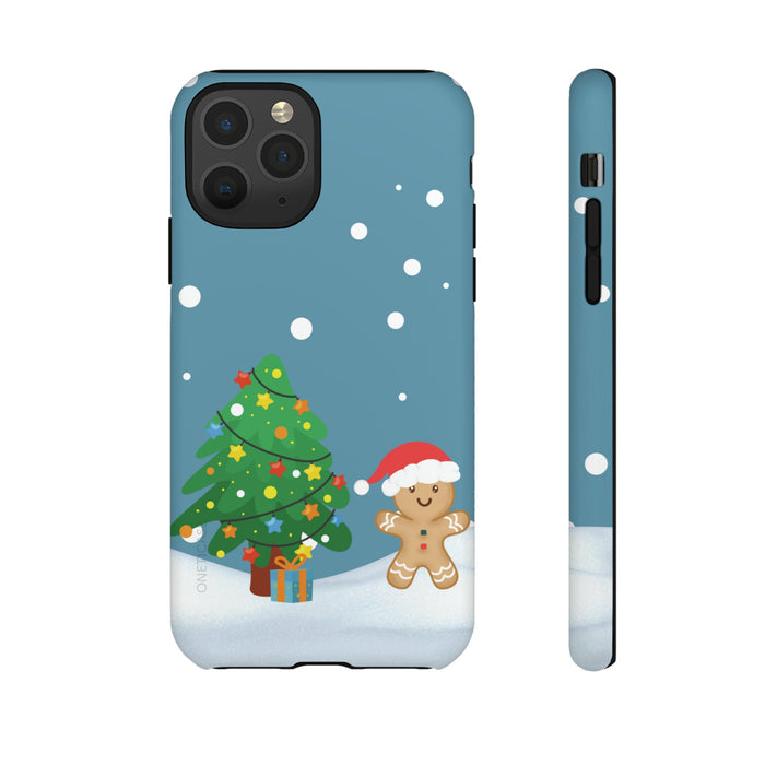 Durable Gingerbread Man Holiday Phone Cases: teal blue, green Christmas tree and gingerbread character, cartoon holiday style