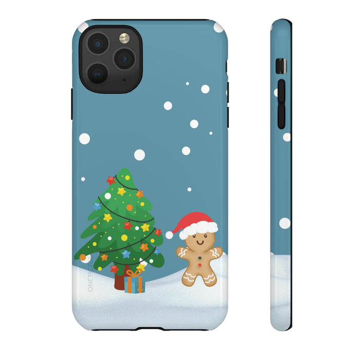Durable Gingerbread Man Holiday Phone Cases: teal blue, green Christmas tree and gingerbread character, cartoon holiday style