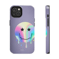 Durable iPhone Case with Starry Happy Face Design and Wireless Charging Capability: lavender purple, black smiley face graphi
