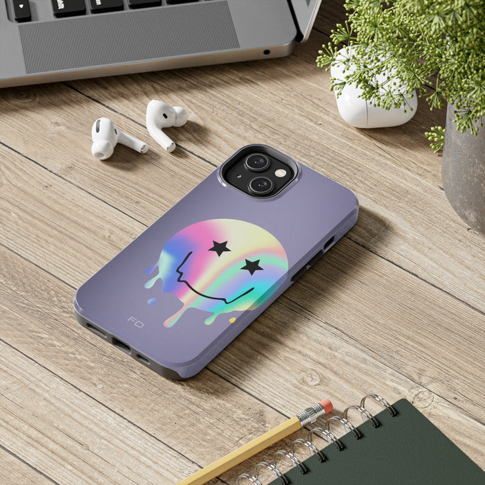 Durable iPhone Case with Starry Happy Face Design and Wireless Charging Capability: lavender purple, black smiley face graphi