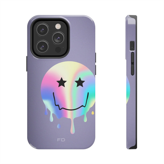 Durable iPhone Case with Starry Happy Face Design and Wireless Charging Capability: lavender purple, black smiley face graphi