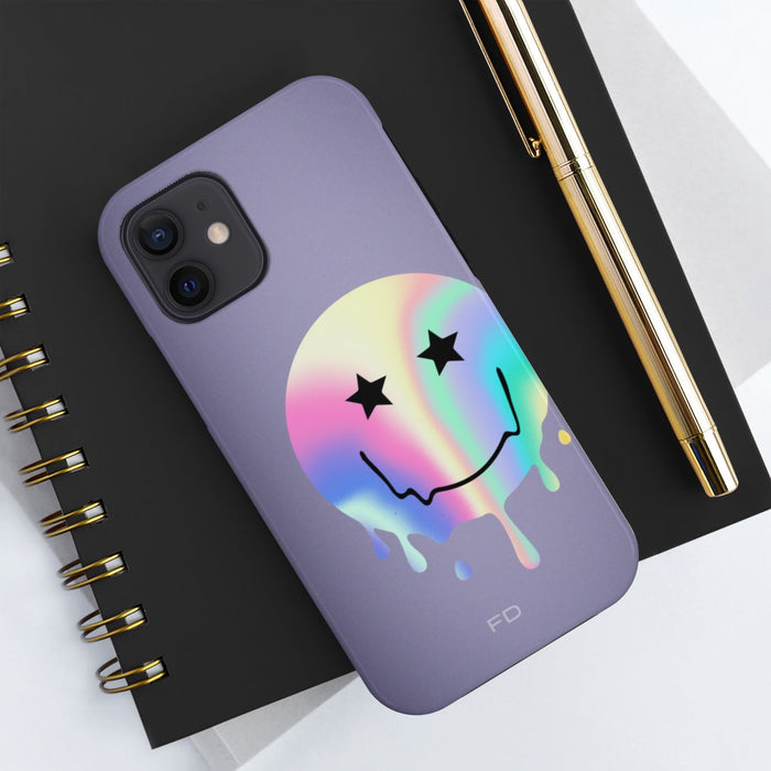Durable iPhone Case with Starry Happy Face Design and Wireless Charging Capability: lavender purple, black smiley face graphi