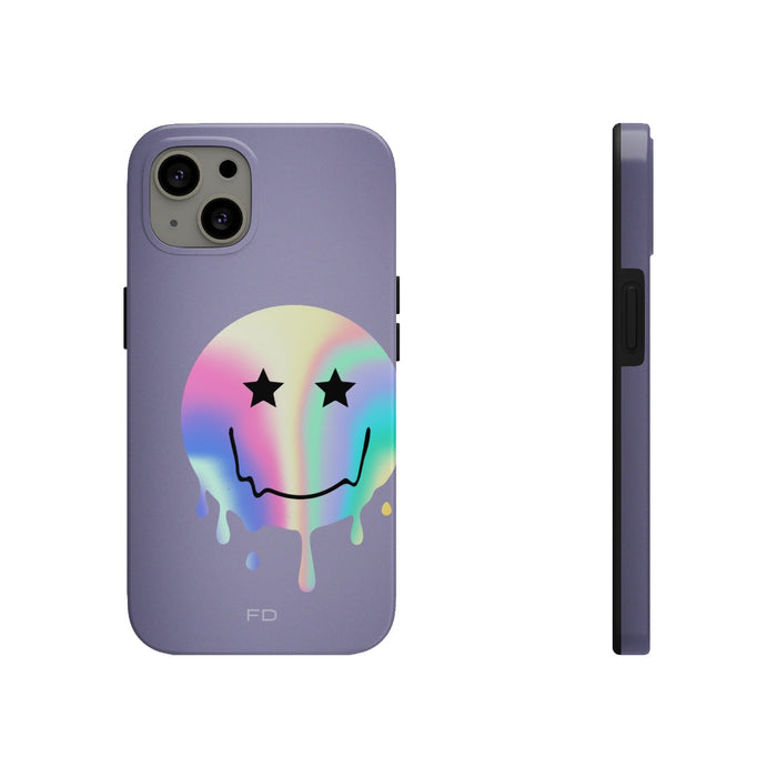 Durable iPhone Case with Starry Happy Face Design and Wireless Charging Capability: lavender purple, black smiley face graphi