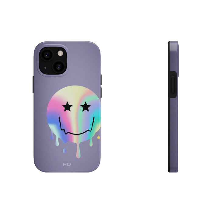 Durable iPhone Case with Starry Happy Face Design and Wireless Charging Capability: lavender purple, black smiley face graphi