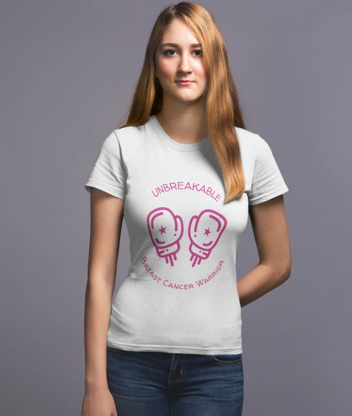 Durable Pink Ribbon Awareness Tee Shirt: white, pink breast cancer awareness theme, cartoon awareness graphic style