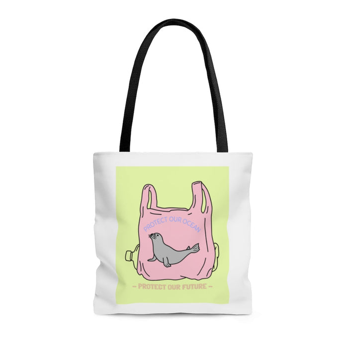 Earth Conservation Edition Medium Tote Bag: white, black seal with environmental protection theme, cartoon environmental grap