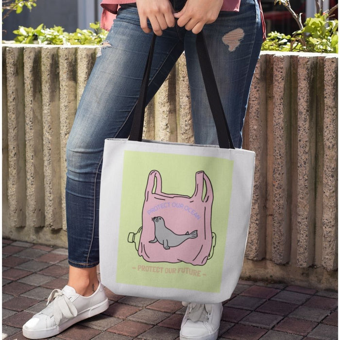 Earth Conservation Edition Medium Tote Bag: white, black seal with environmental protection theme, cartoon environmental grap