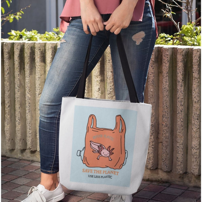 Earth Saver Axolotl Edition Medium Tote Bag: white, black cartoon rabbit with reusable bag/environmental theme, cartoon eco-t