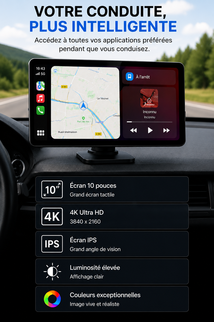 Écran CarPlay V9 10” – Sans fil avec caméra avant & arrière