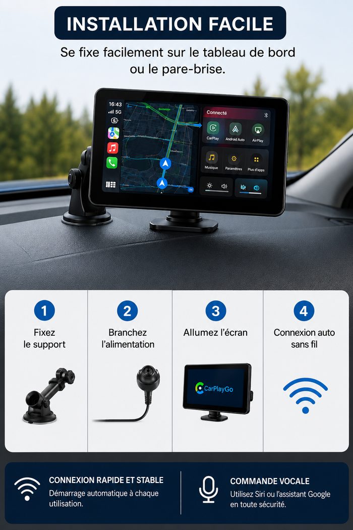 Écran CarPlay V9 10” – Sans fil avec caméra avant & arrière