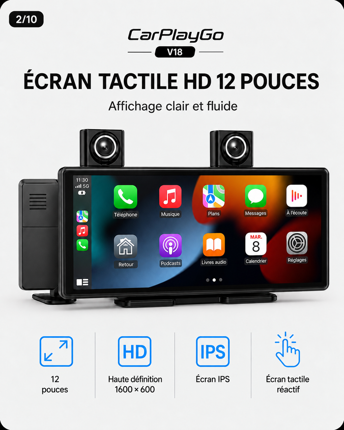 Écran CarPlayGo V18 – CarPlay & Android Auto sans fil | 12 HD + Caméra de recul
