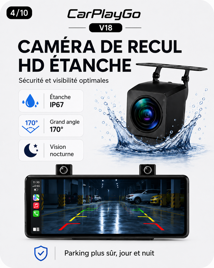 Écran CarPlayGo V18 – CarPlay & Android Auto sans fil | 12 HD + Caméra de recul