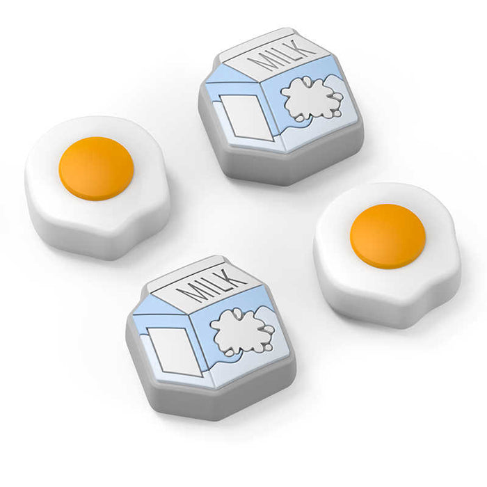 Egg x Milk Switch Thumb Grips: white, yellow-orange fried eggs and milk cartons, cartoon, minimal style