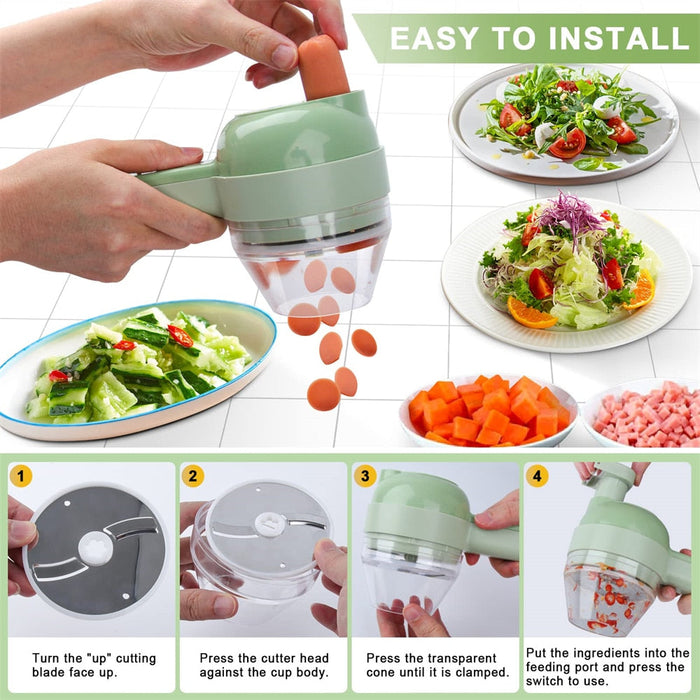 Electric Handheld Vegetable Slicer with 4 Interchangeable Blades, Portable Design: light green, white compact food chopper/gr