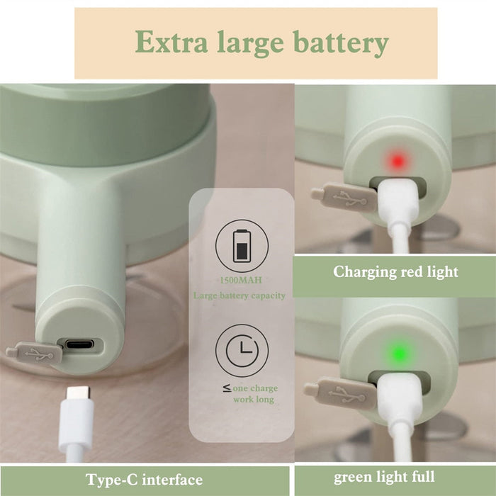 Electric Handheld Vegetable Slicer with 4 Interchangeable Blades, Portable Design: light green, white compact food chopper/gr