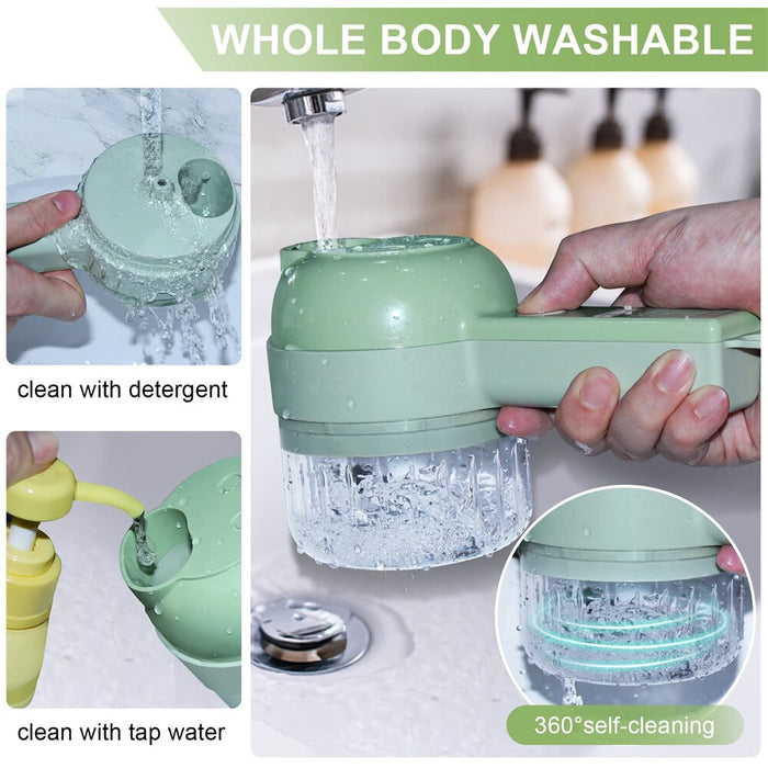 Electric Handheld Vegetable Slicer with 4 Interchangeable Blades, Portable Design: light green, white compact food chopper/gr