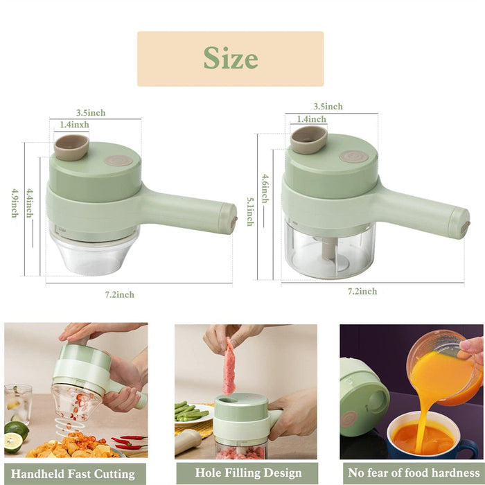 Electric Handheld Vegetable Slicer with 4 Interchangeable Blades, Portable Design: light green, white compact food chopper/gr