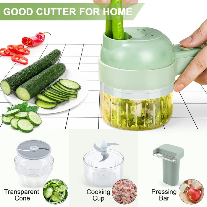 Electric Handheld Vegetable Slicer with 4 Interchangeable Blades, Portable Design: light green, white compact food chopper/gr